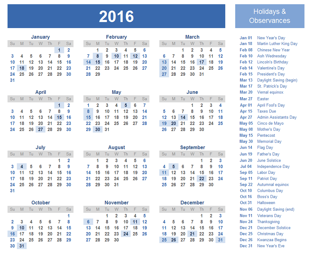 calendar 2016 with holidays