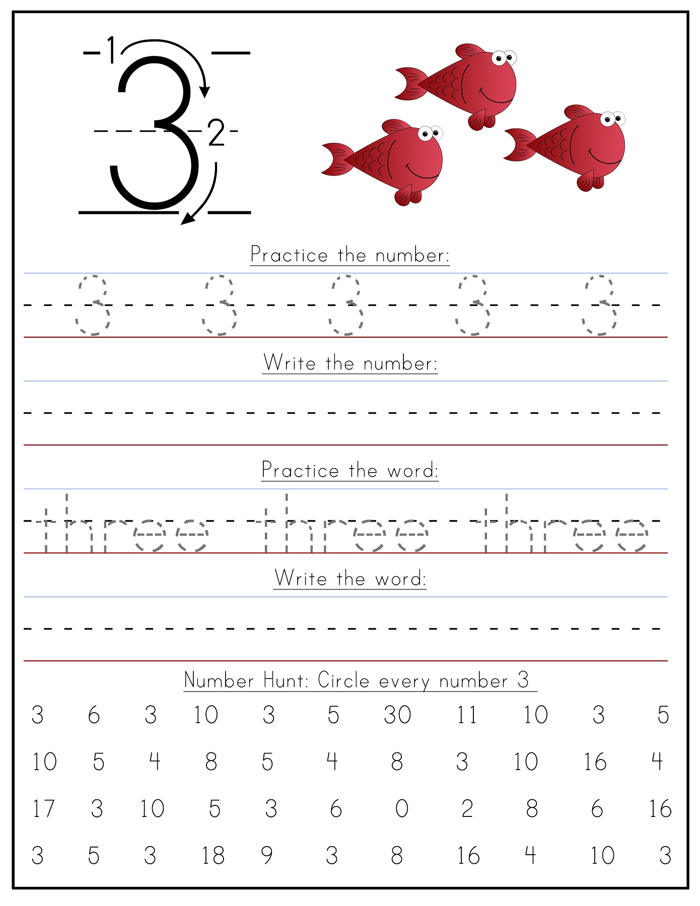 writing numbers worksheets three