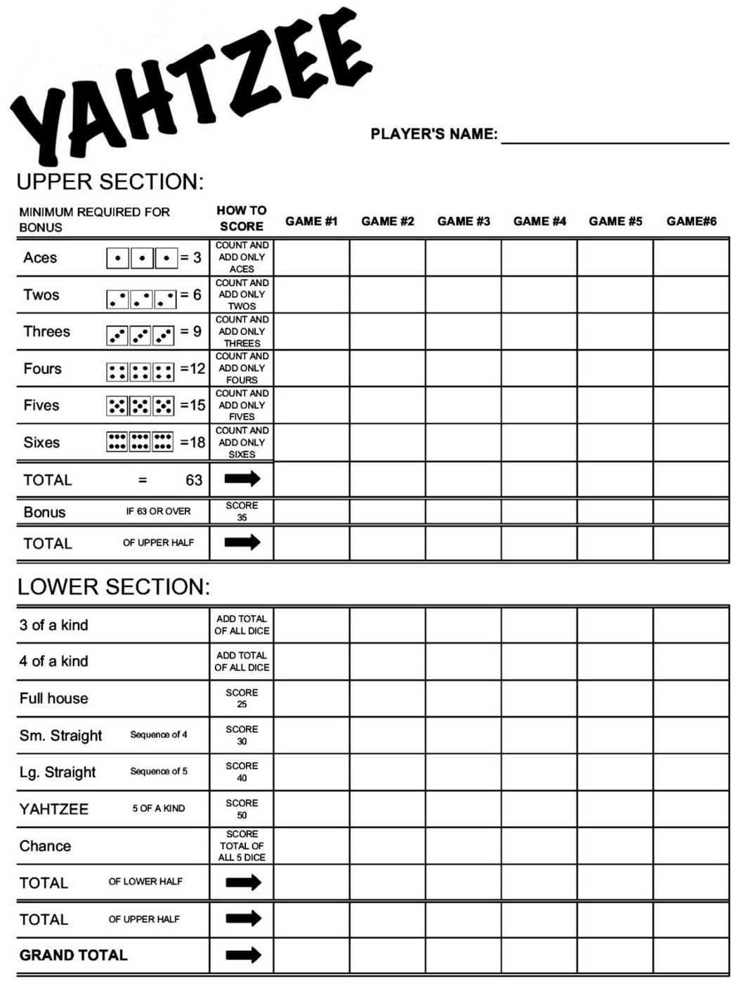 Yahtzee Score Sheets Free Printable