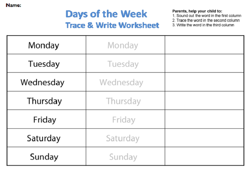 Days of the Week Worksheets Tracing and Writing