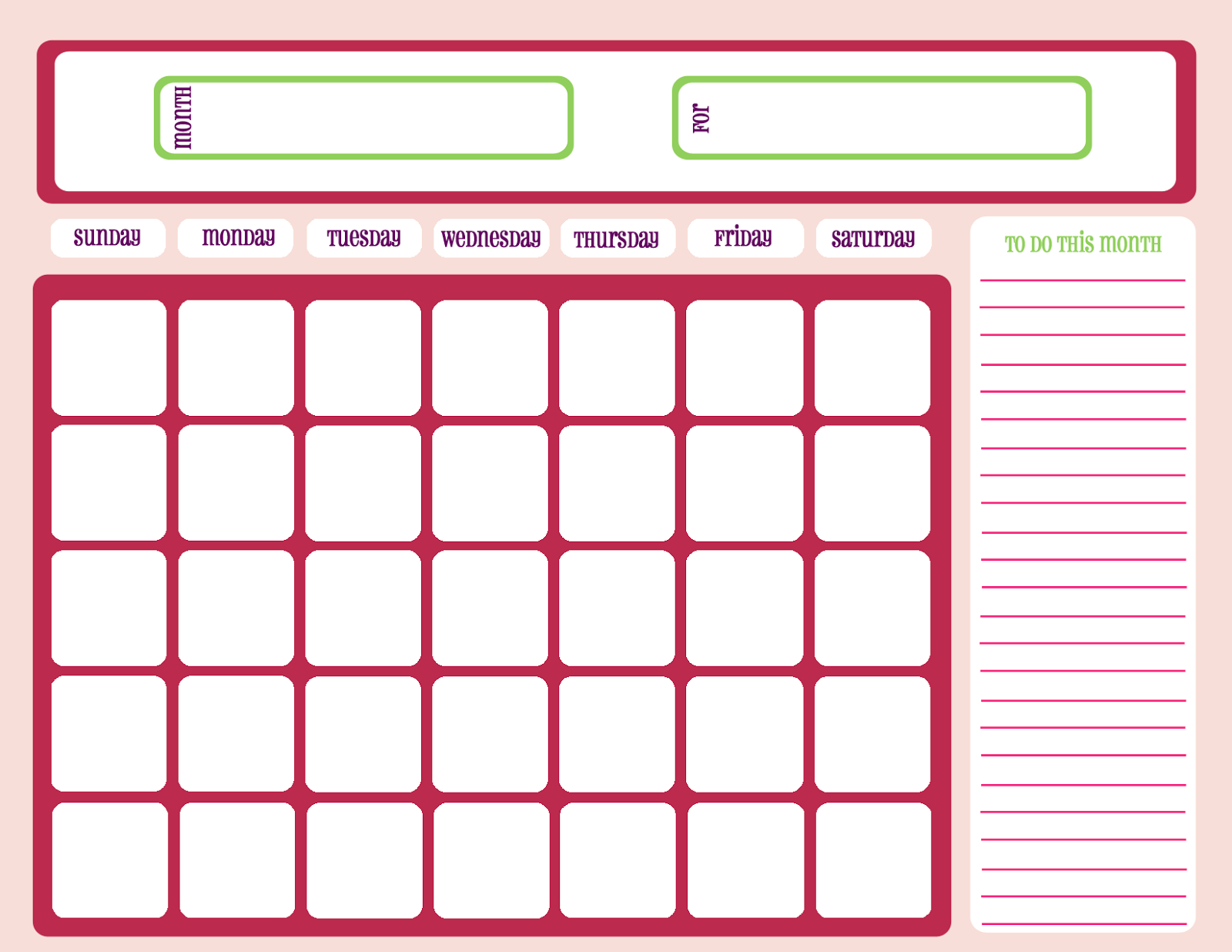 Printable Workout Calendar pink