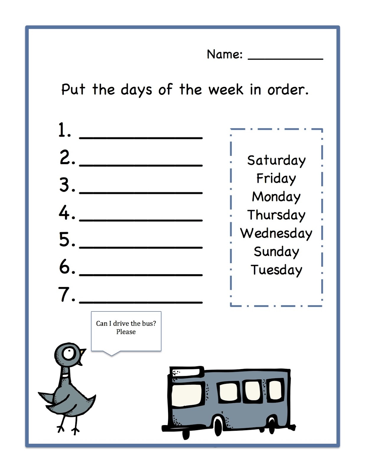 days of the week worksheet printable
