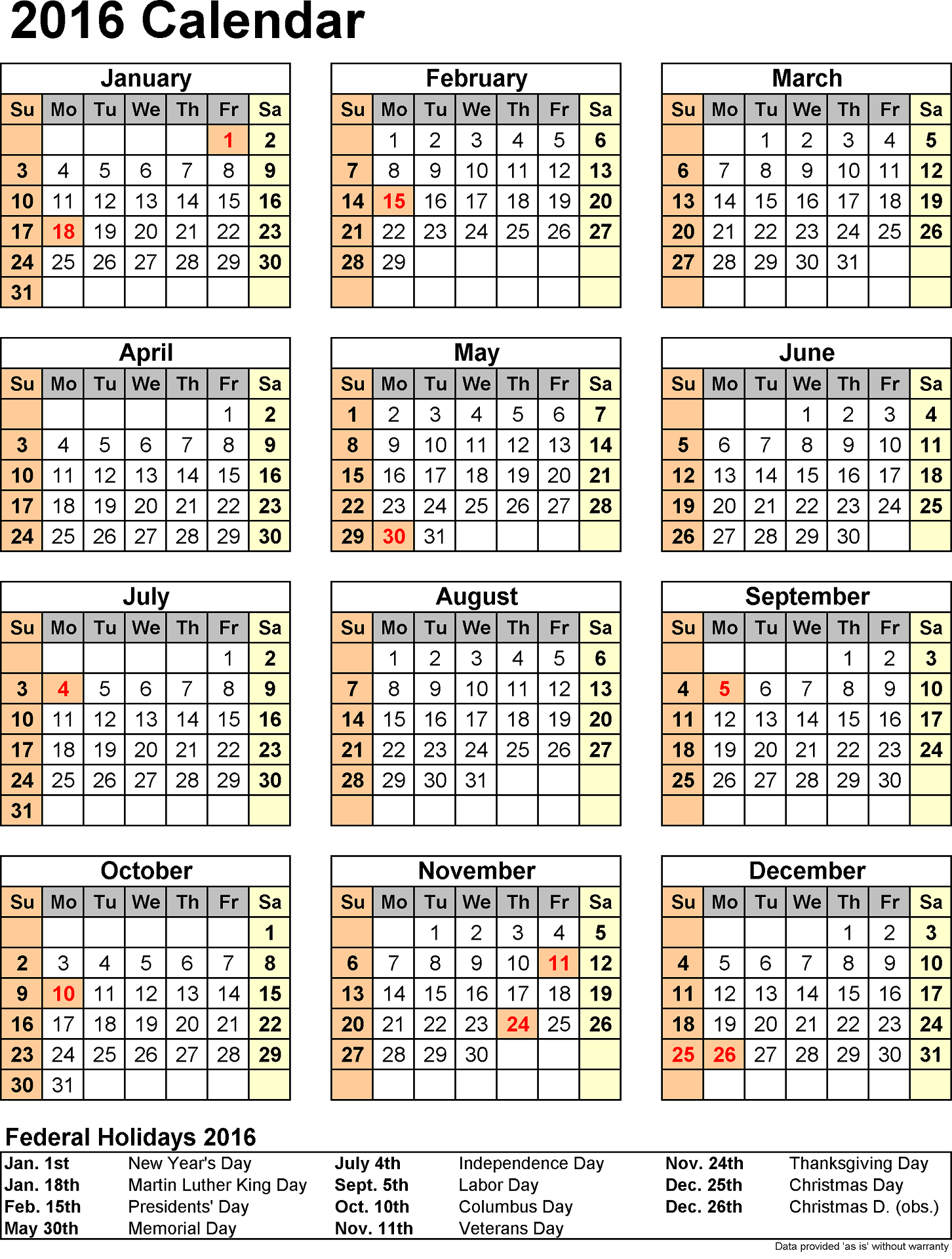 2016 Yearly Calendar With Holidays Printable