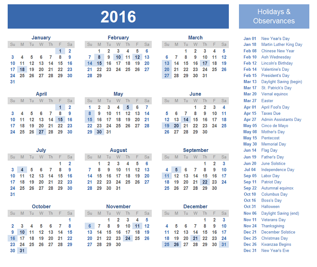 2016 Yearly Calendar With Holidays and Observances