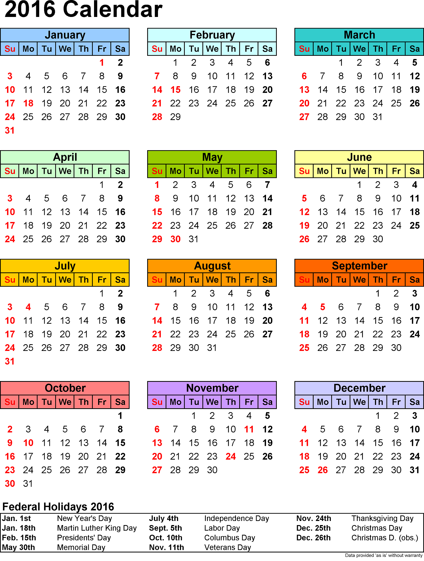 2016 Yearly Calendar With Holidays free
