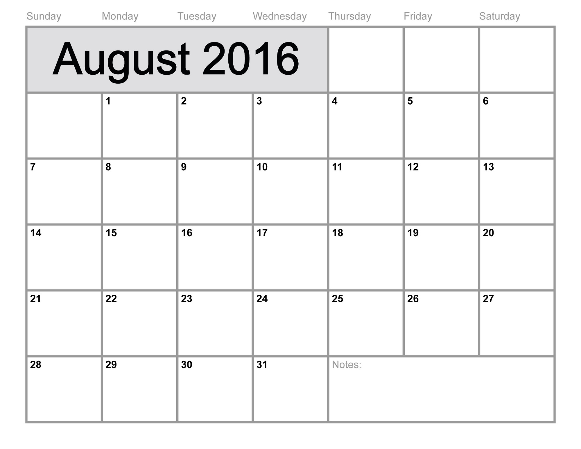 2016 monthly calendar printable august