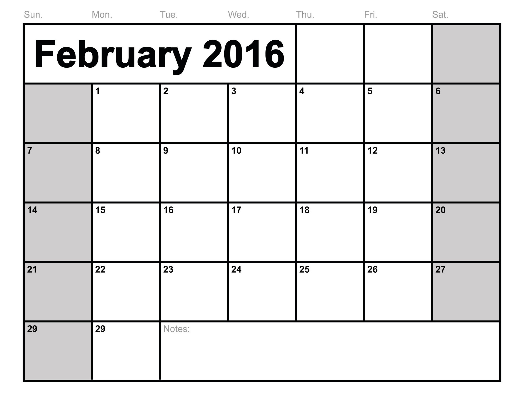 2016 monthly calendar printable february