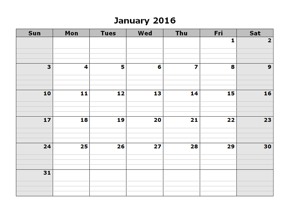 2016 monthly calendar printable january