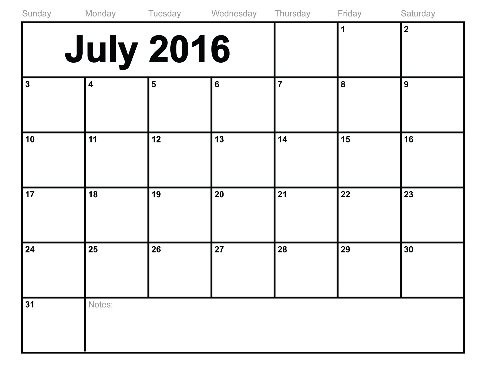 2016 monthly calendar printable july