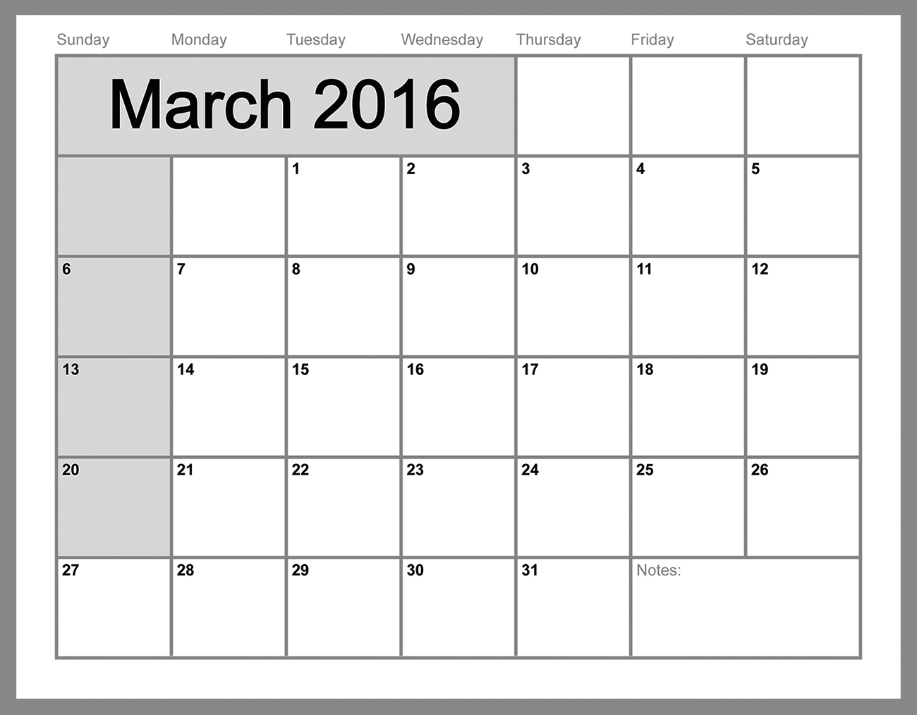 2016 monthly calendar printable march