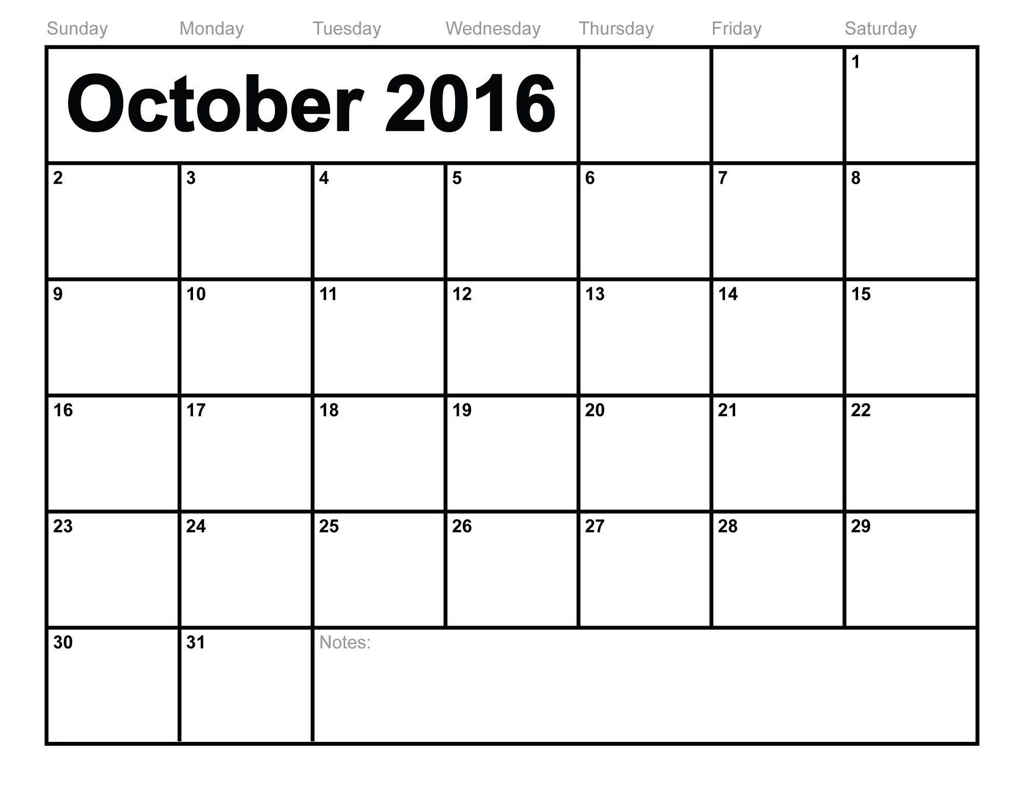2016 monthly calendar printable october