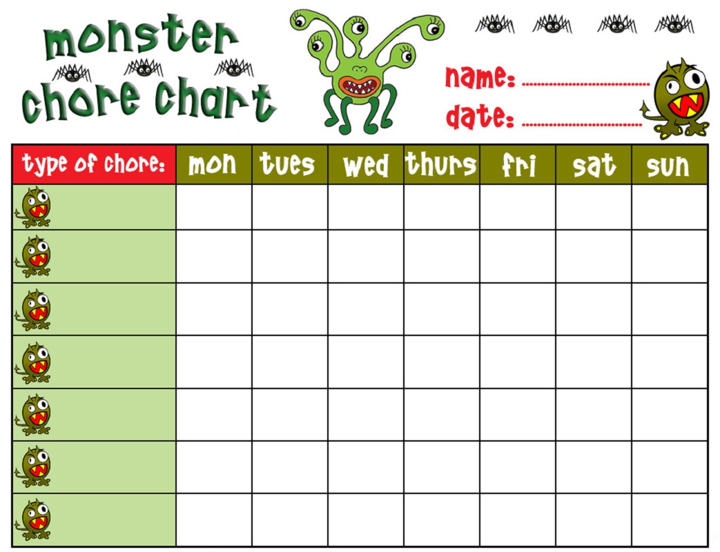 free printable chore charts monster theme