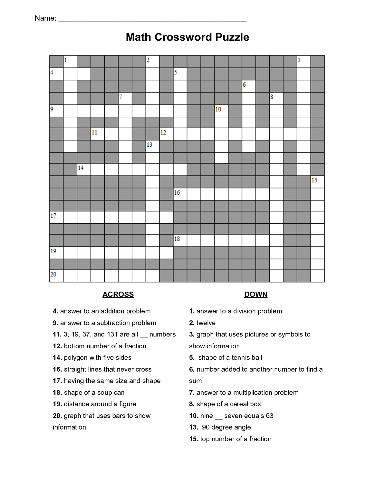 math puzzles printable crossword