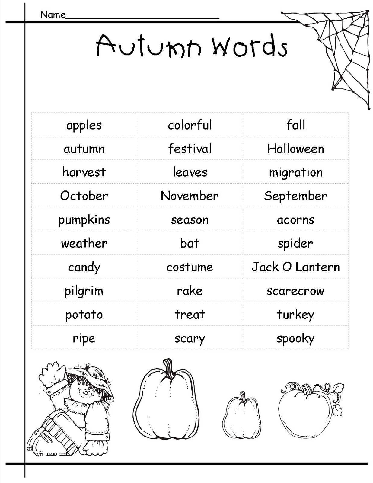pictionary words for kids autumn theme