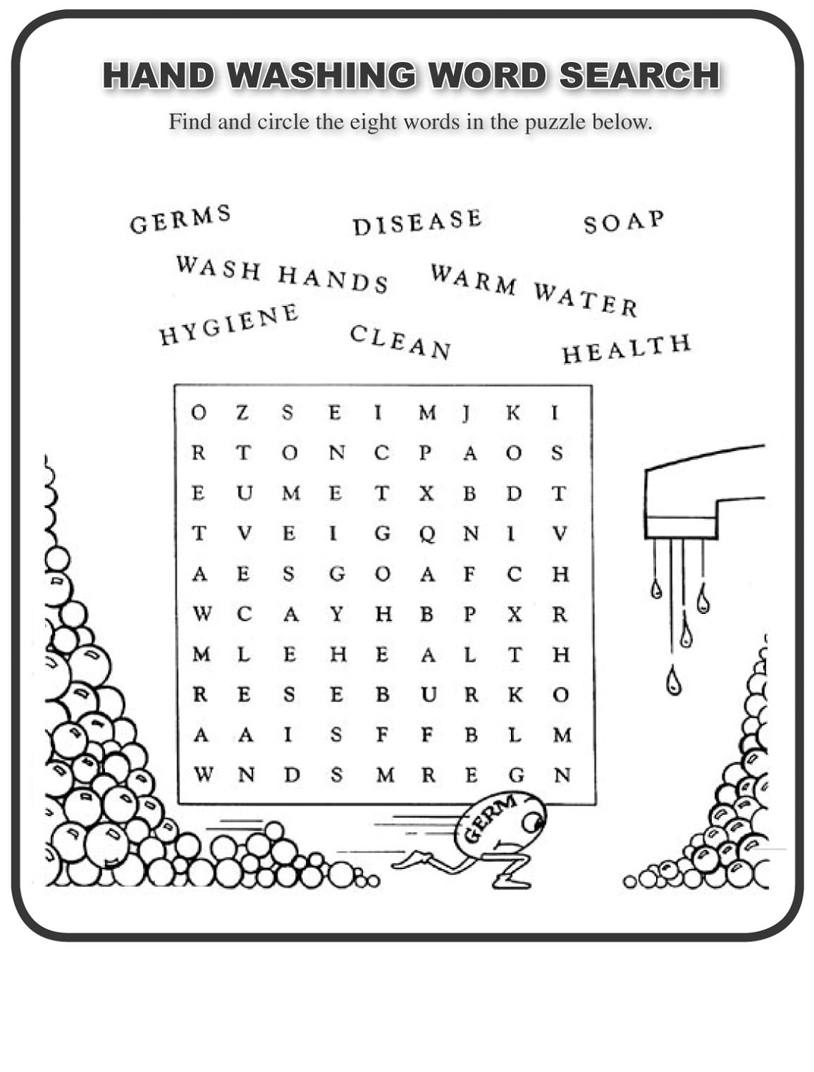 wordsearch for kids health theme