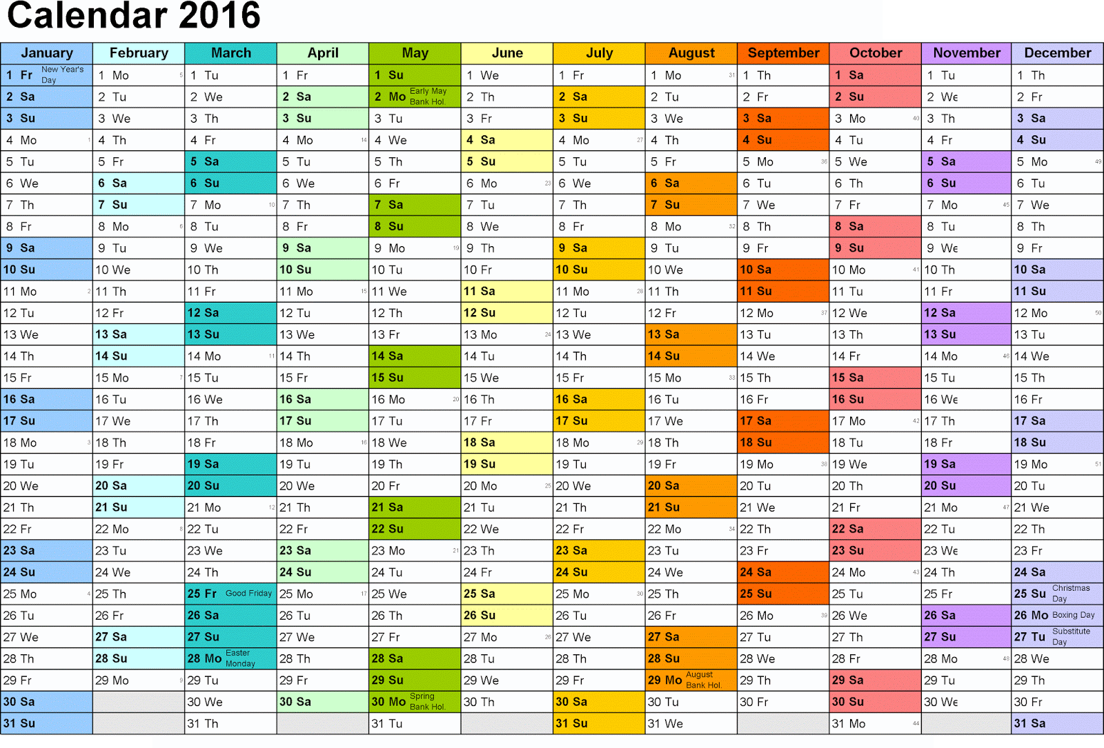 yearly calendar 2016 printable color