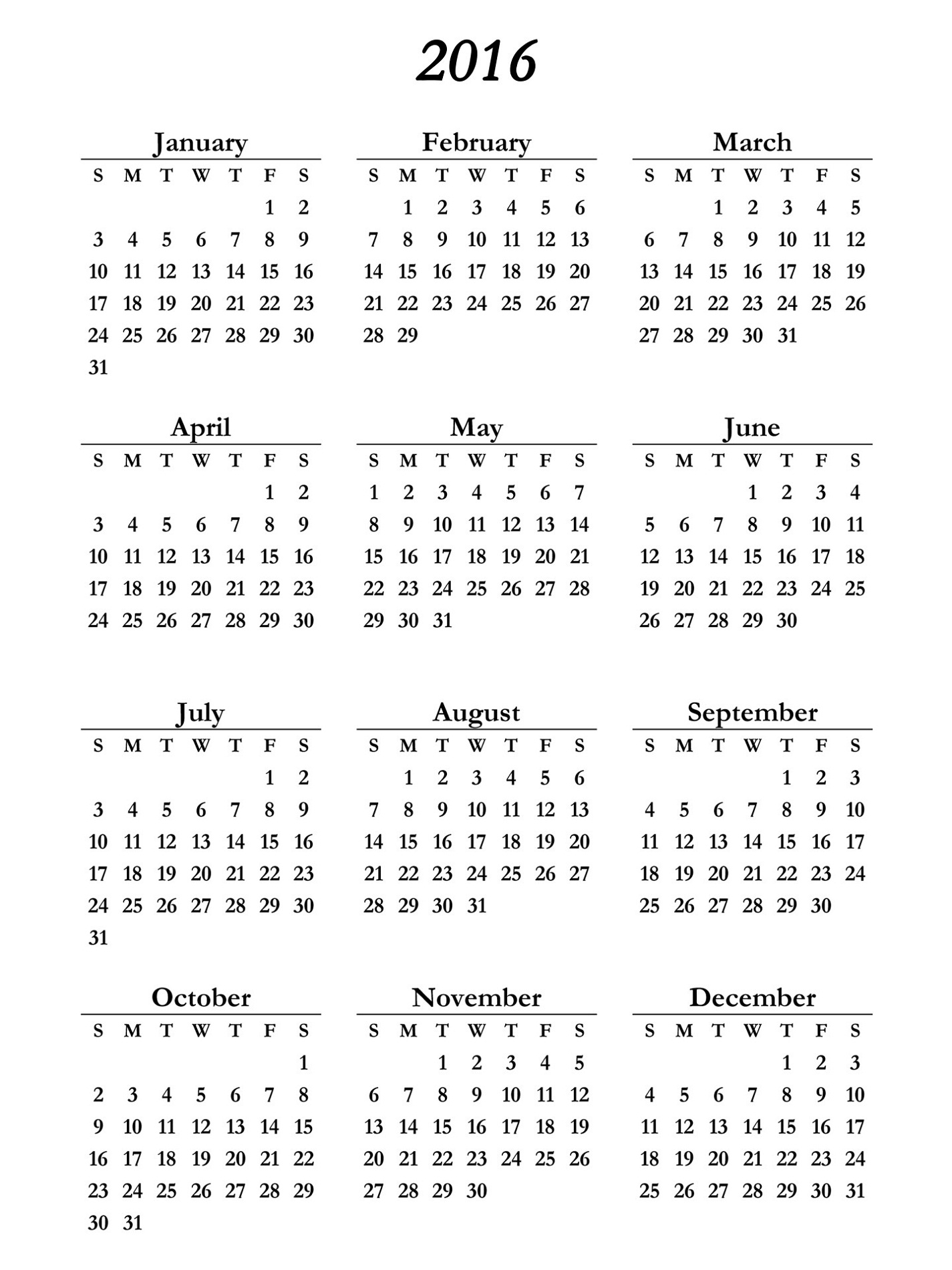 yearly calendar 2016 printable free