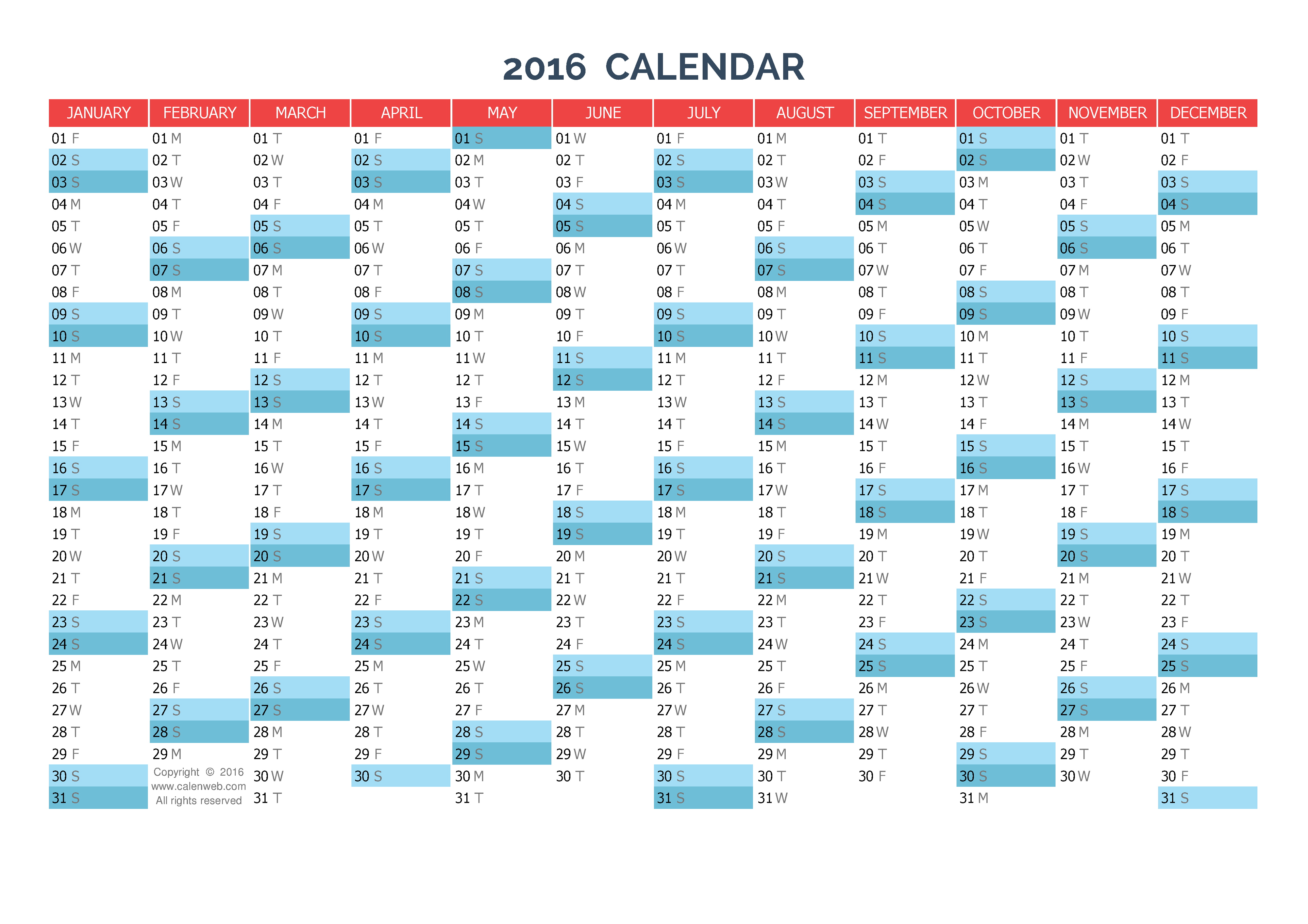 yearly calendar 2016 printable new