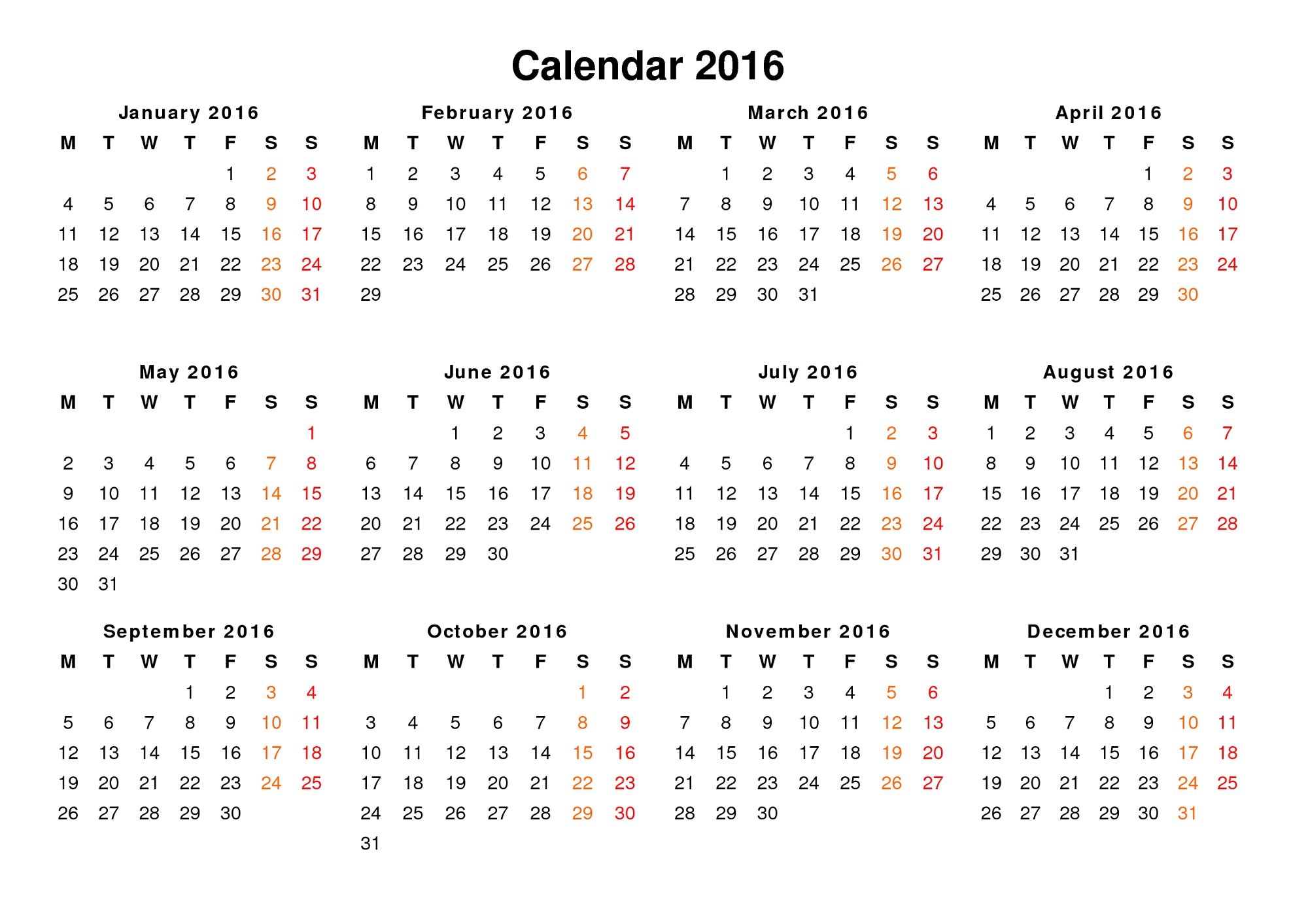 yearly calendar 2016 printable nice