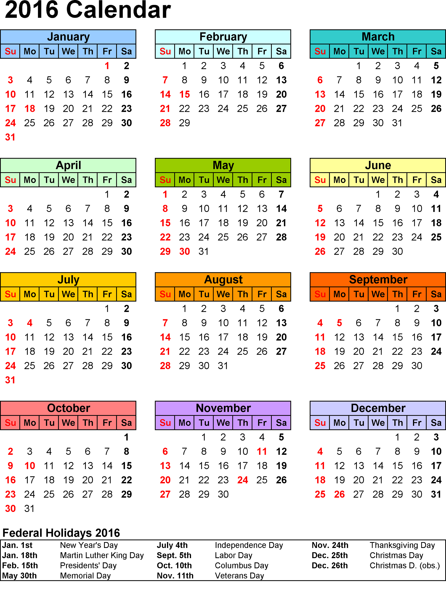 yearly calendar 2016 printable simple