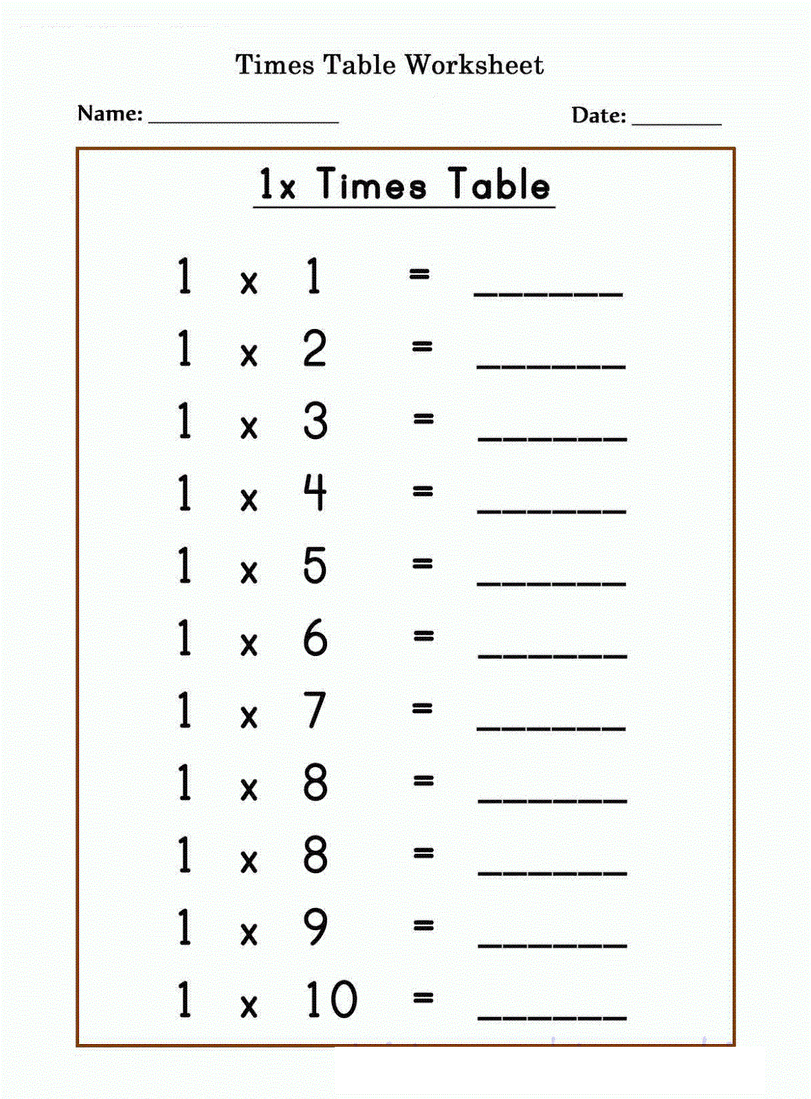 Worksheet Of Multiplication Tables Of One