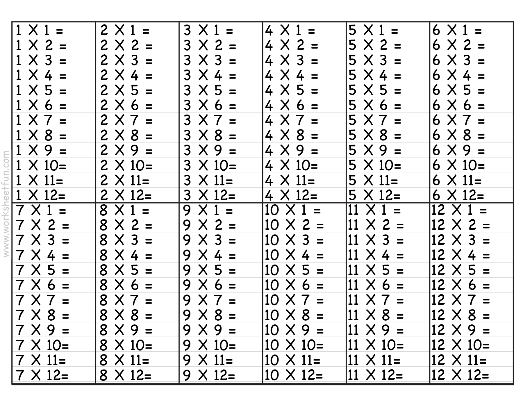 12 times table worksheet printable