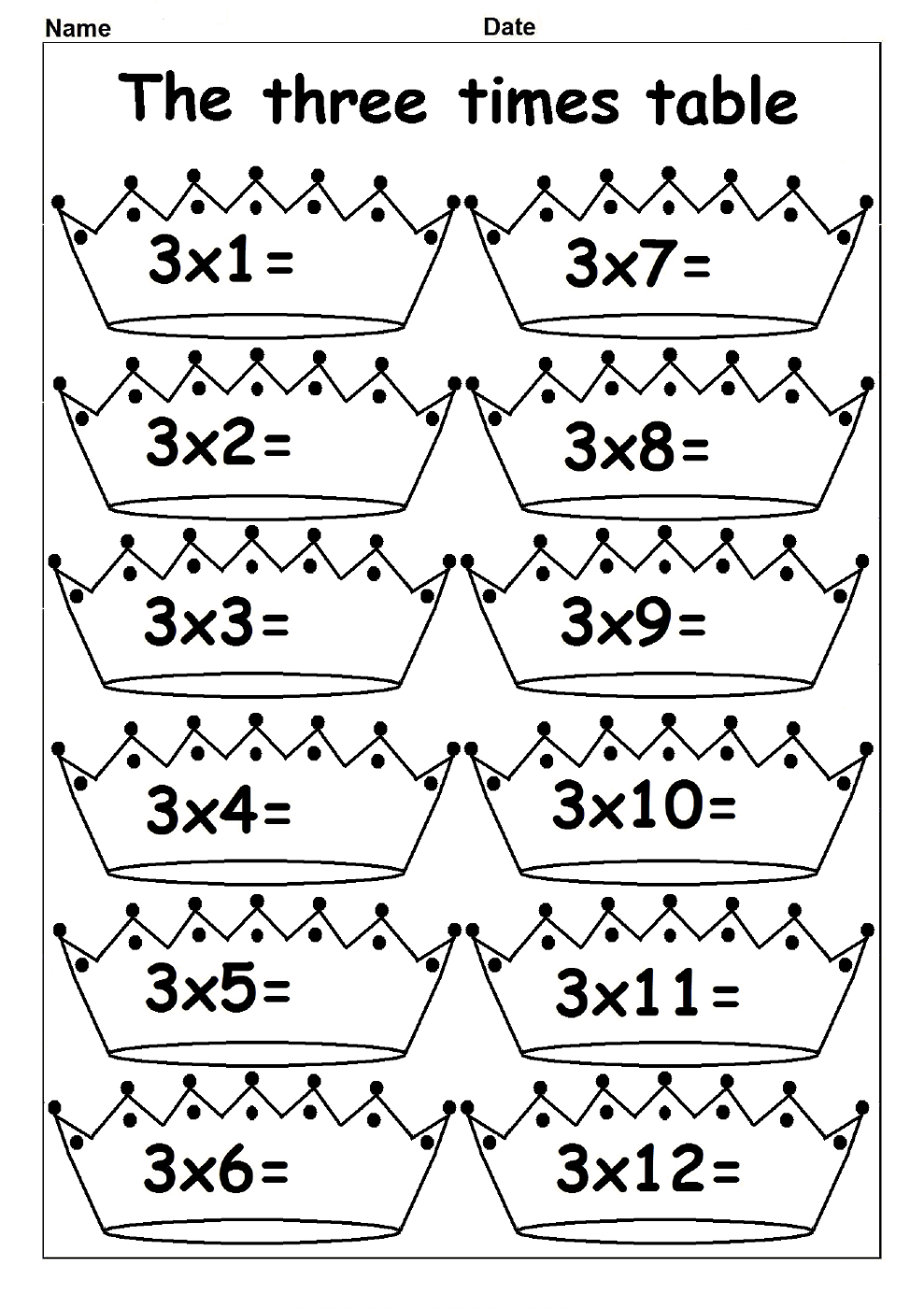 3 times tables worksheets for kids