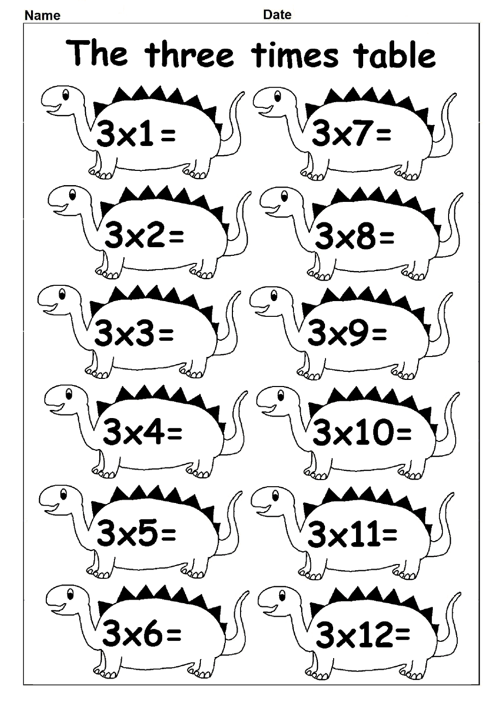 3 times tables worksheets with dinosaurs