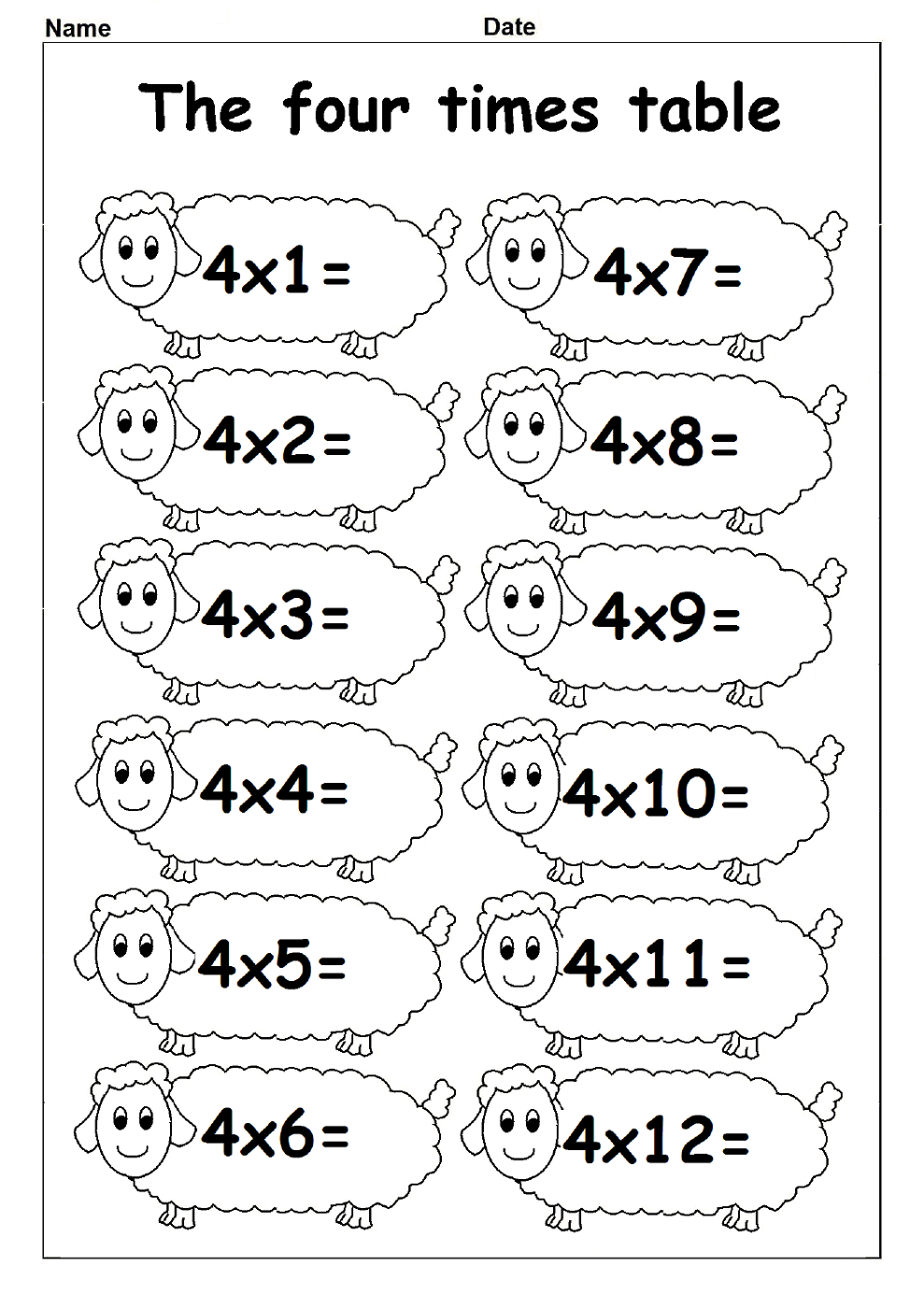 4 times table worksheets for kids