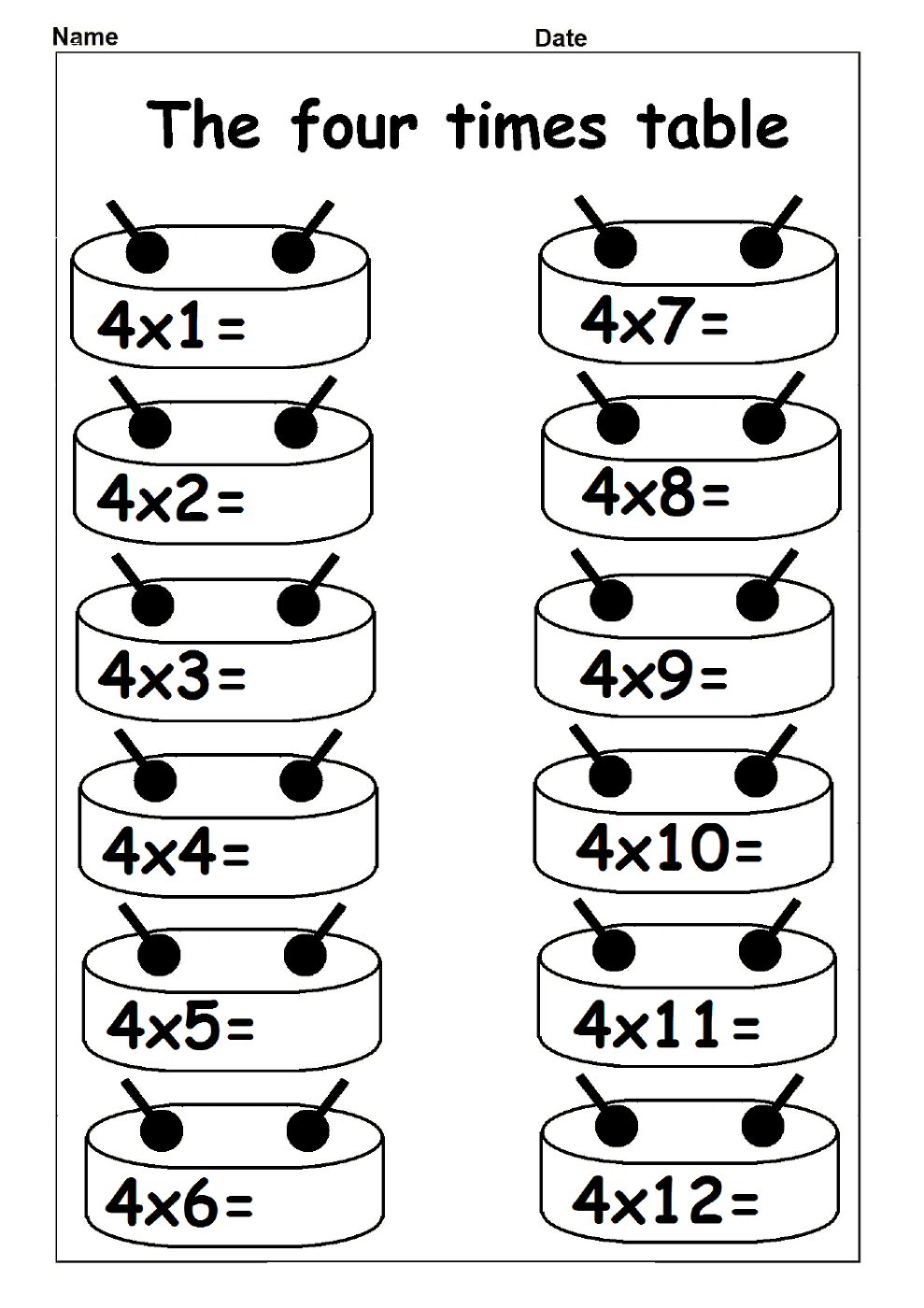 4 times table worksheets multiplication