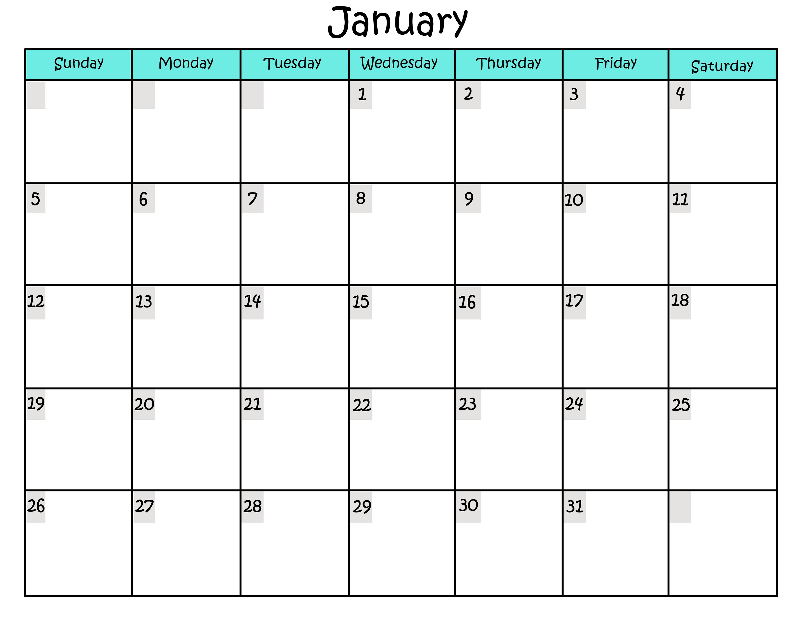 blank calendar pages january