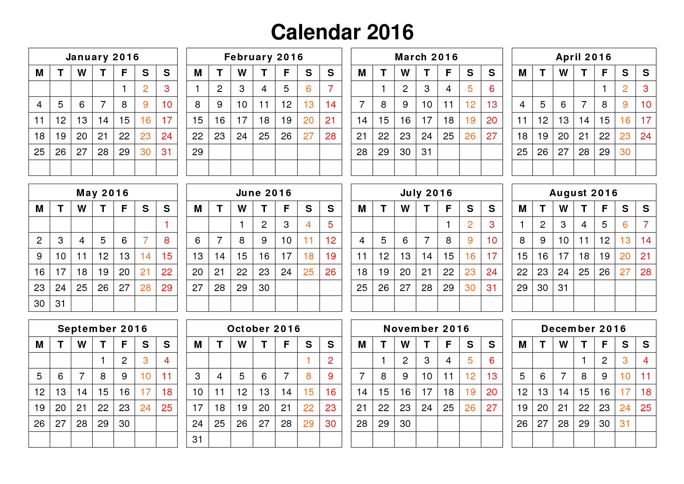 calendar 2016 printable a year