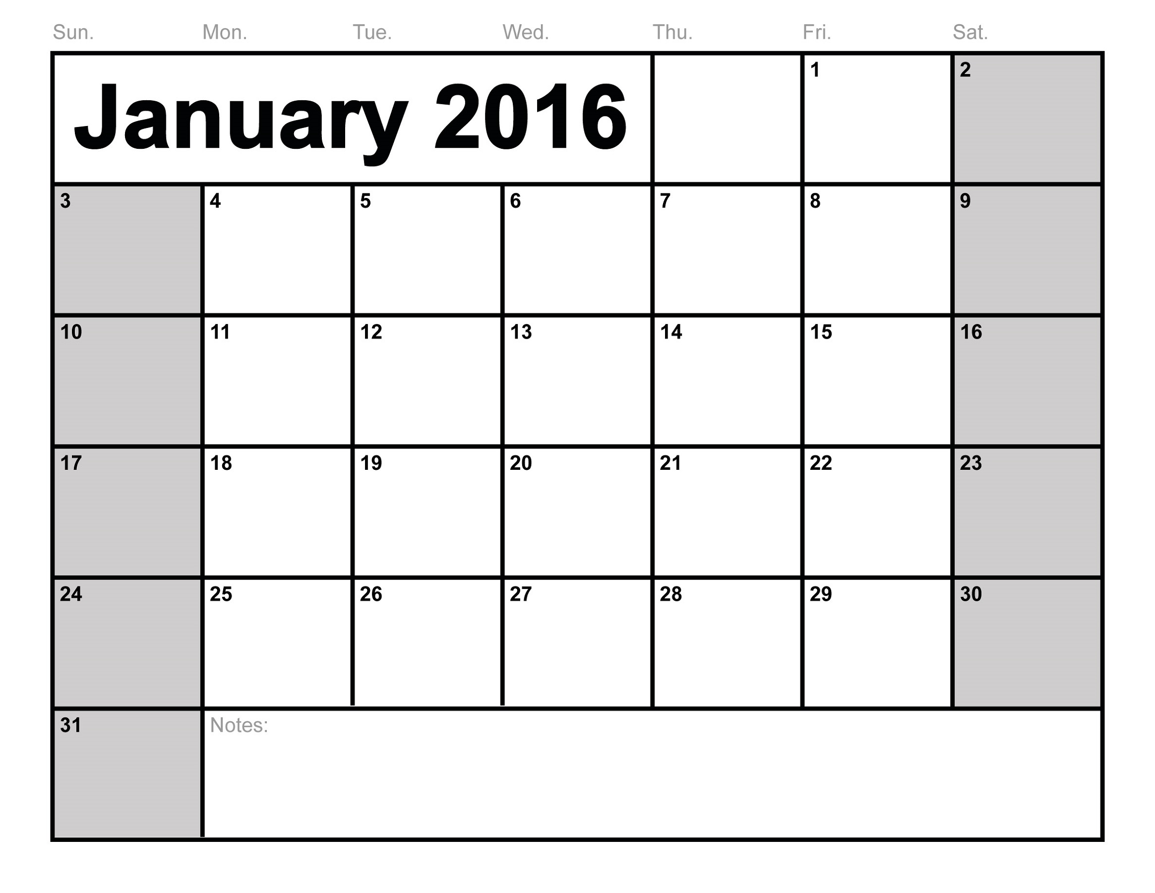 calendar 2016 printable january