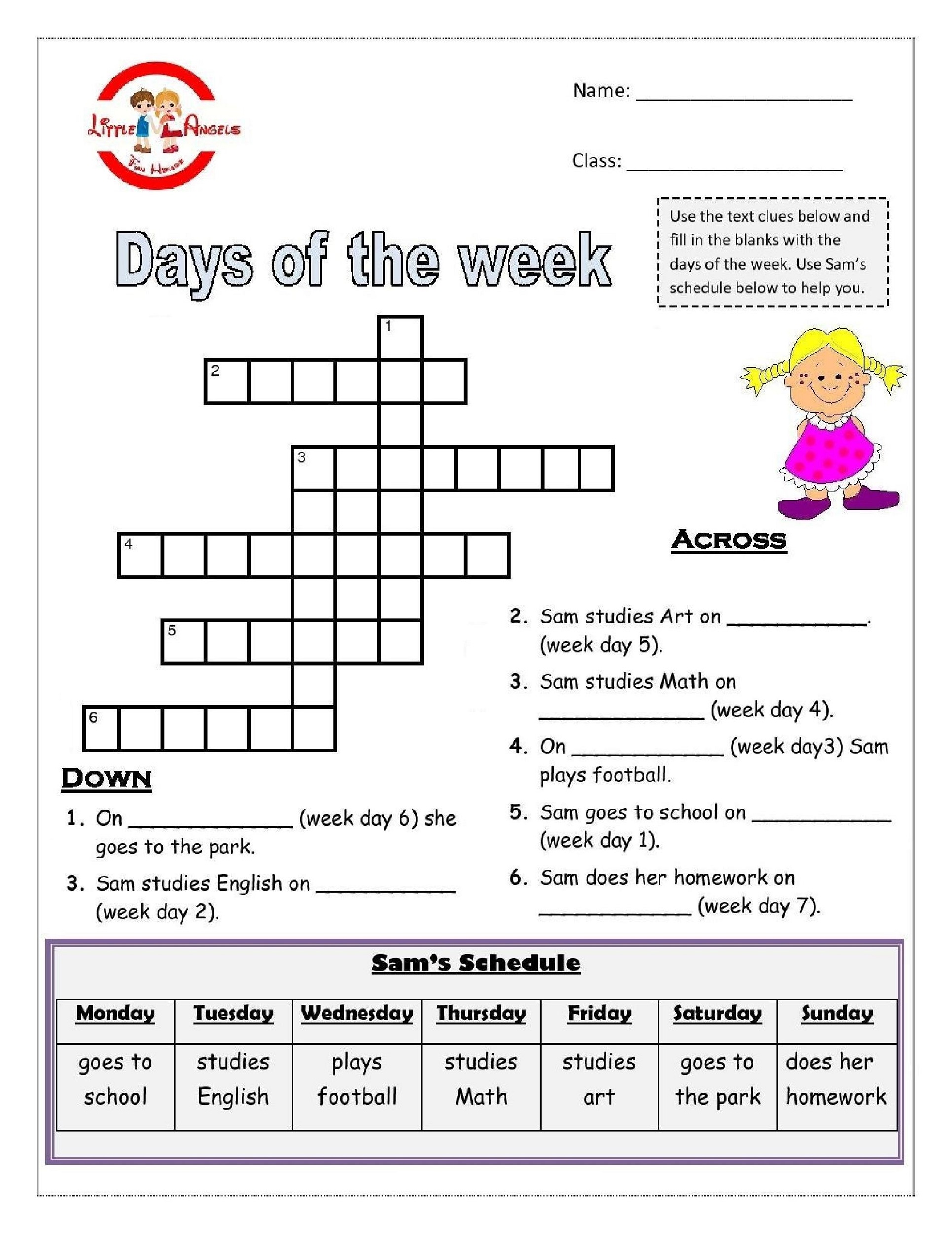 days of the week activities crossword