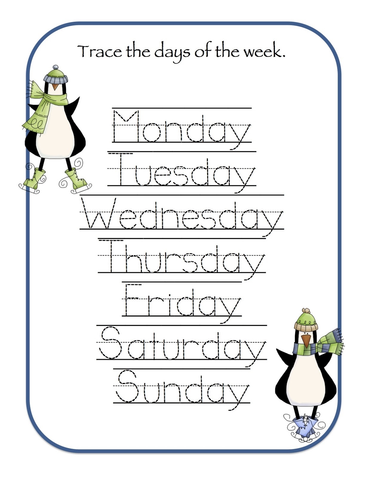 days of the week activities for tracing