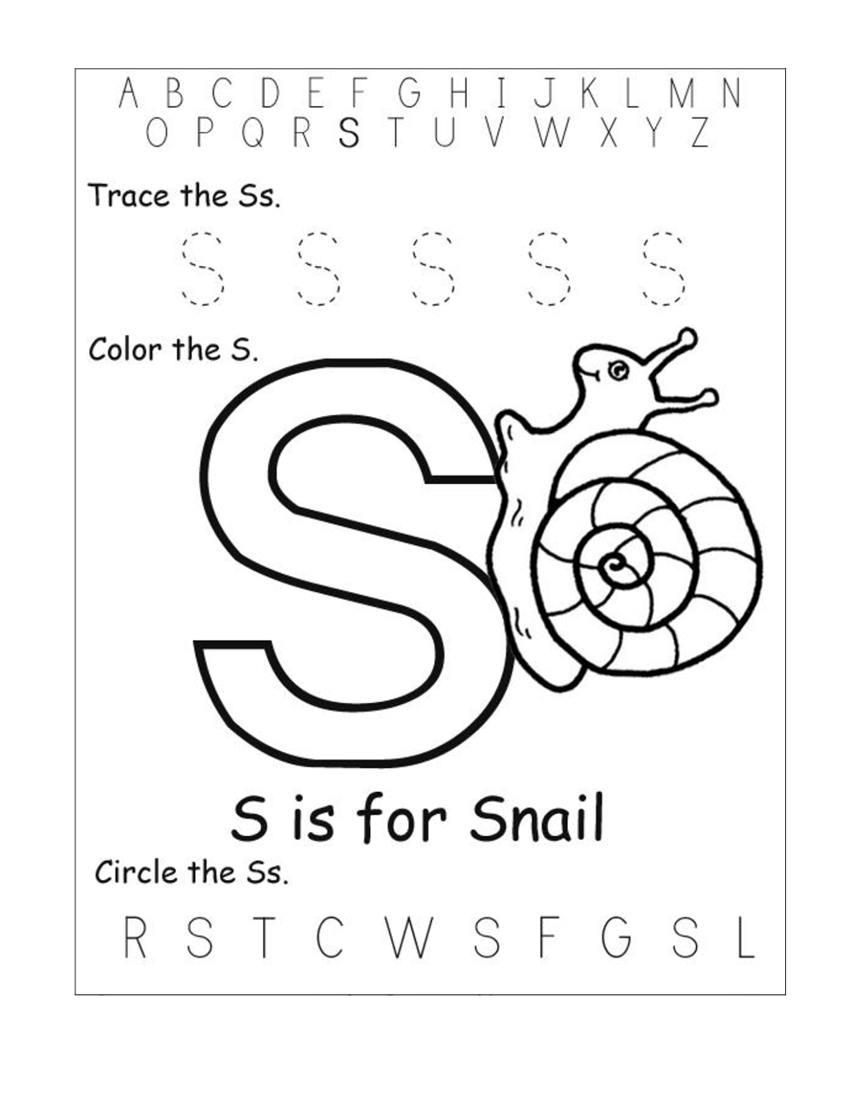 free abc worksheets for pre-k snail