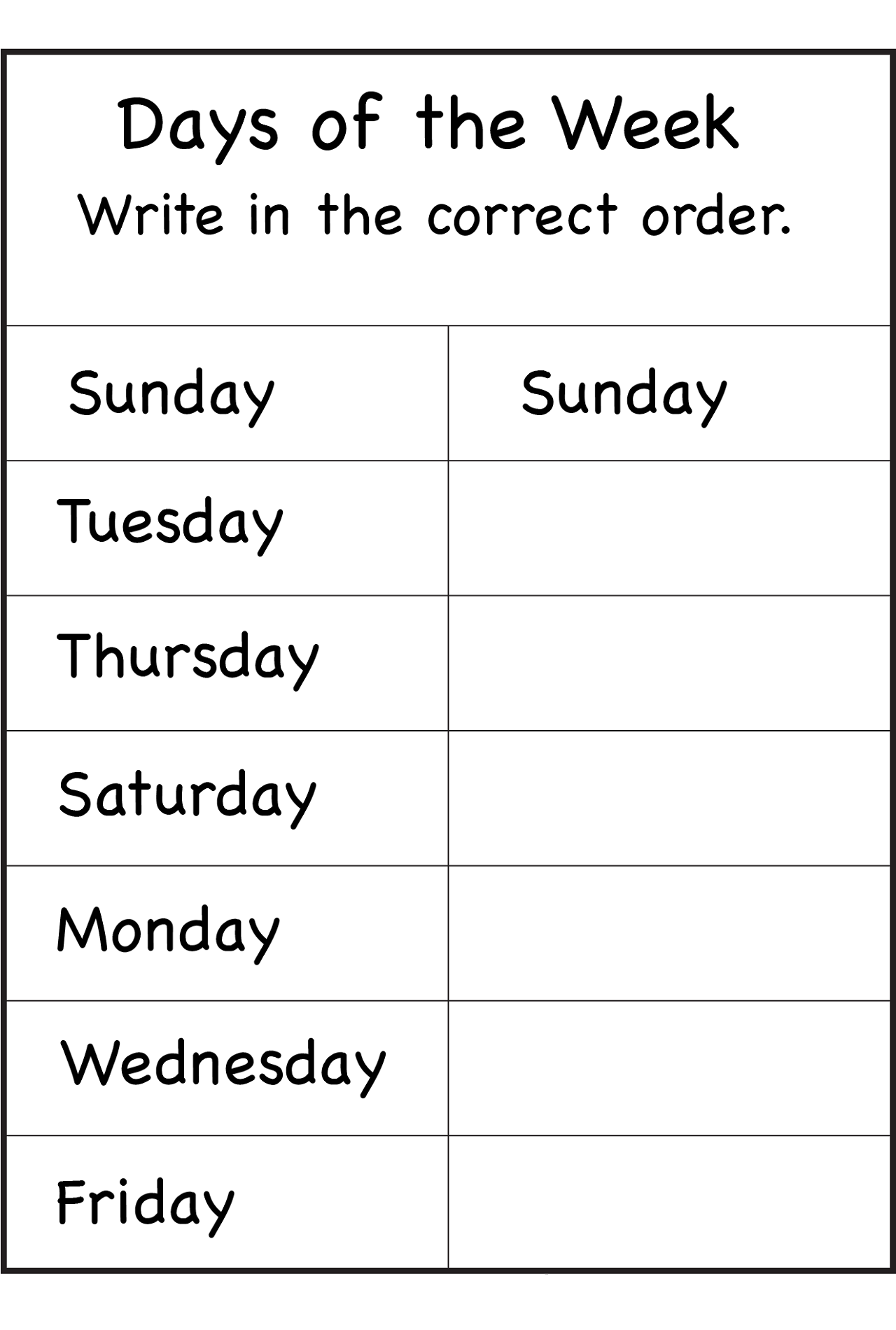 free days of the week worksheet order