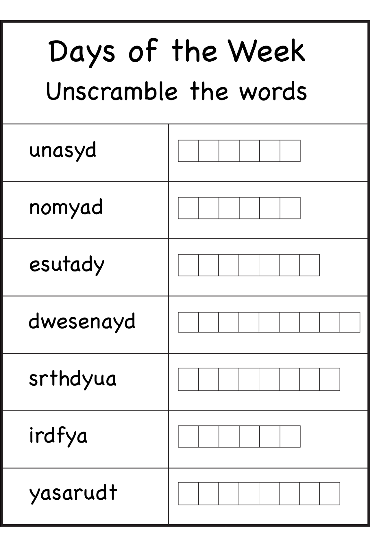 free days of the week worksheet scramble