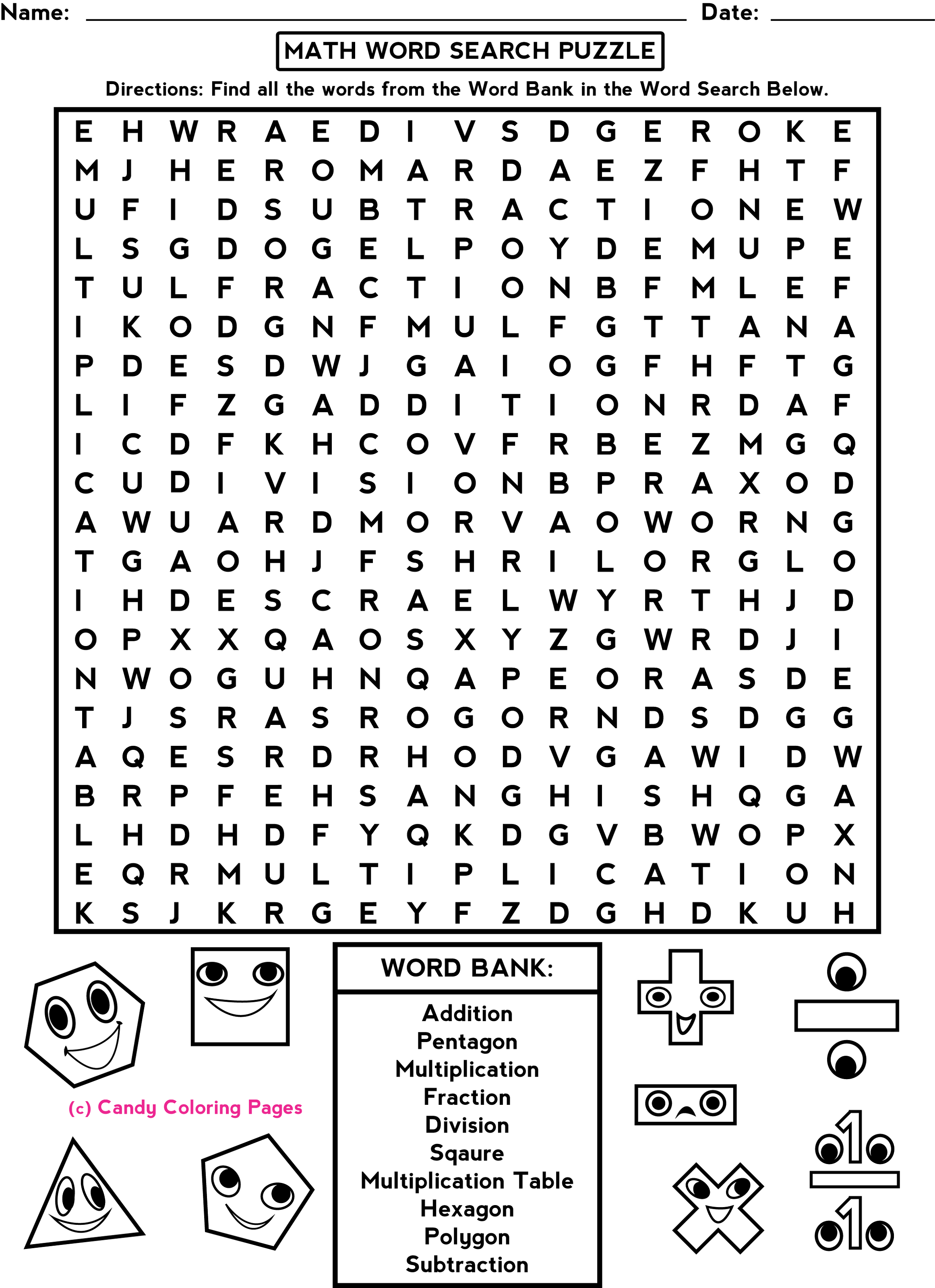 fun sheets for math word search