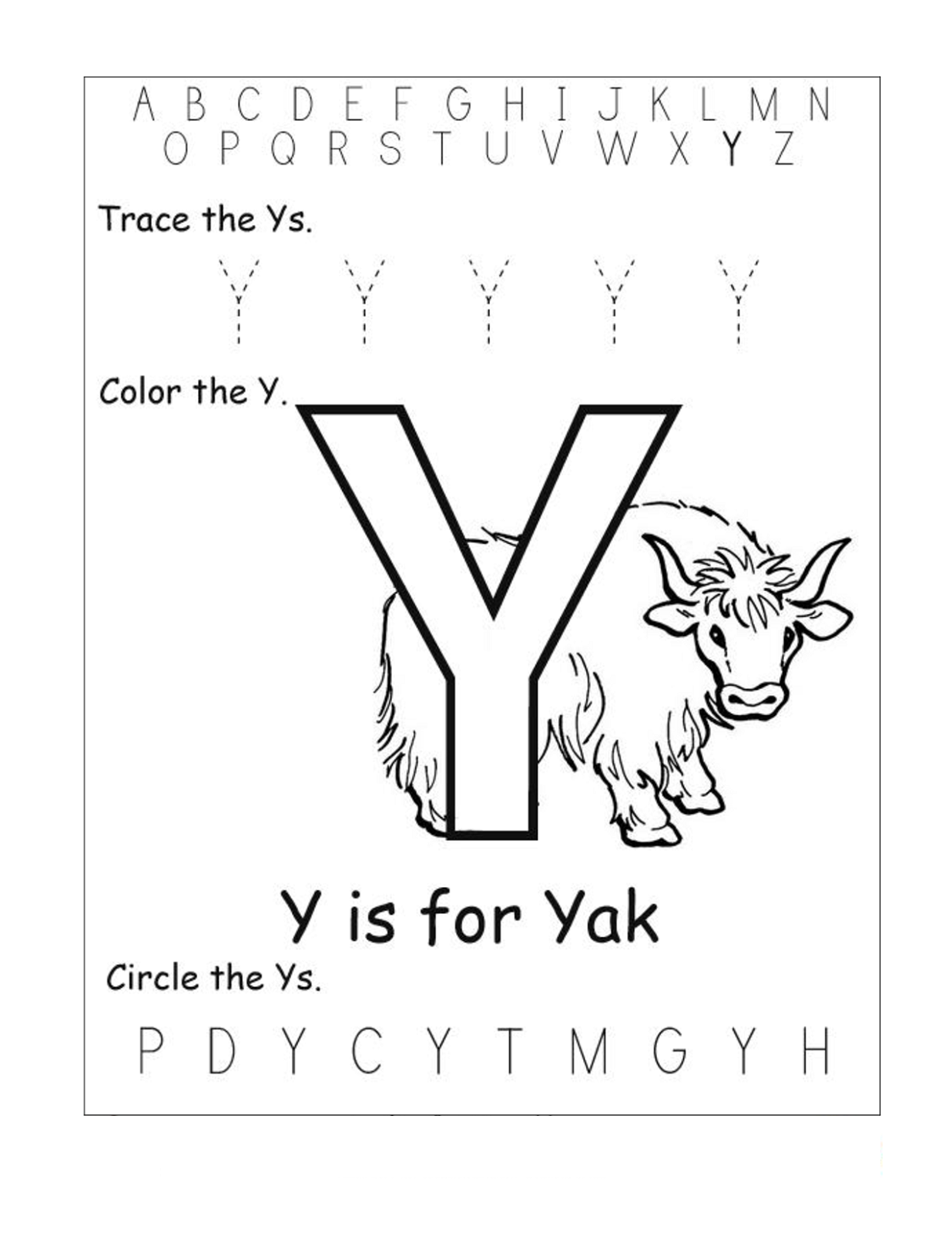letter y worksheet yak