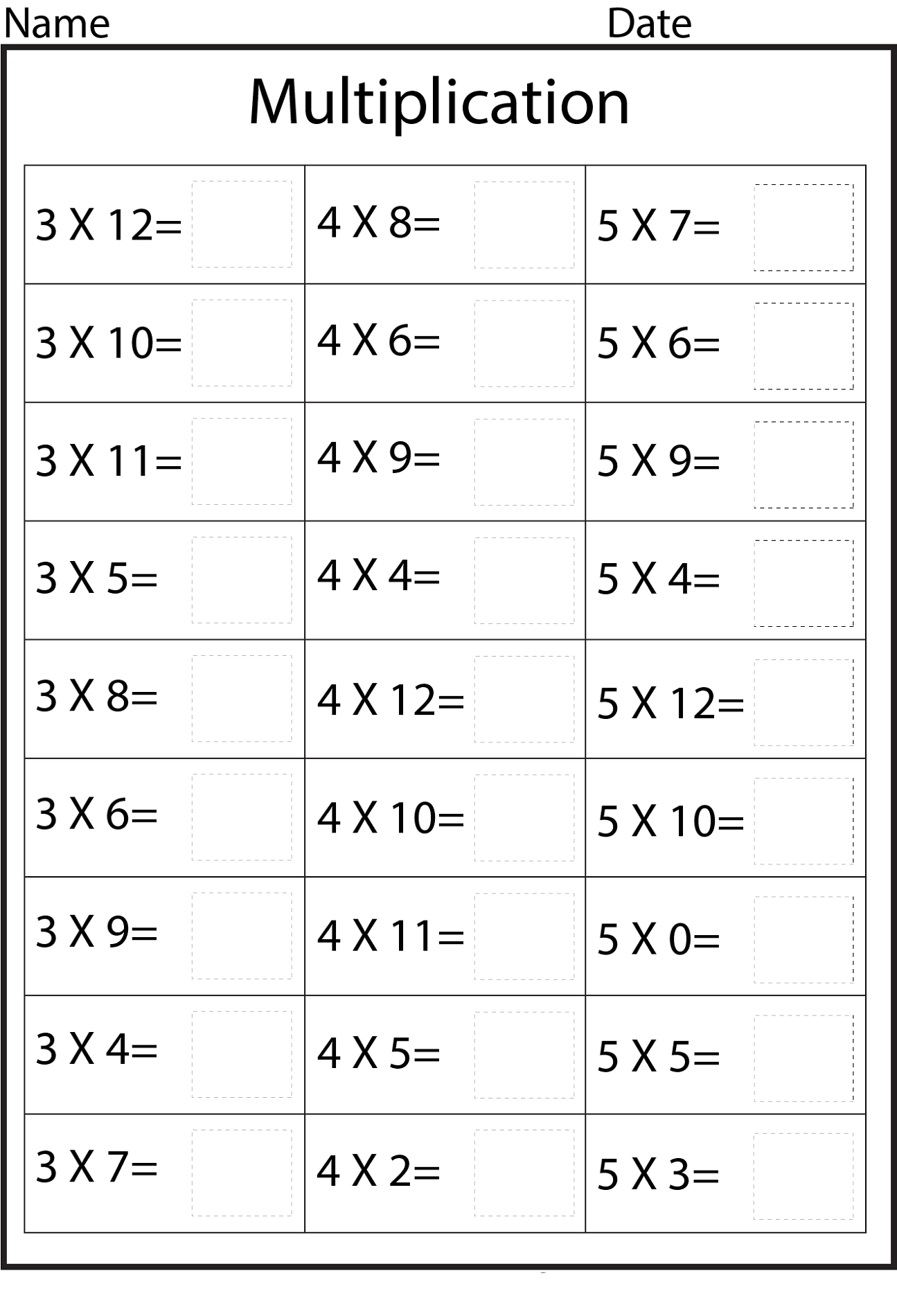 12 multiplication sheet