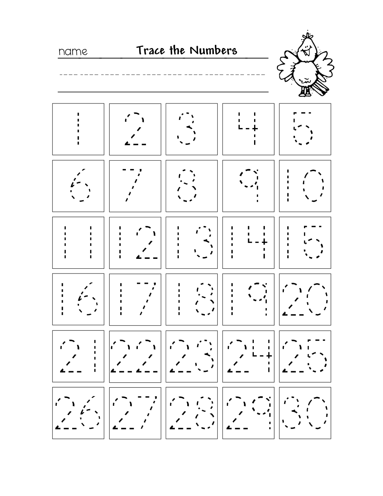 number chart 1-30 tracing