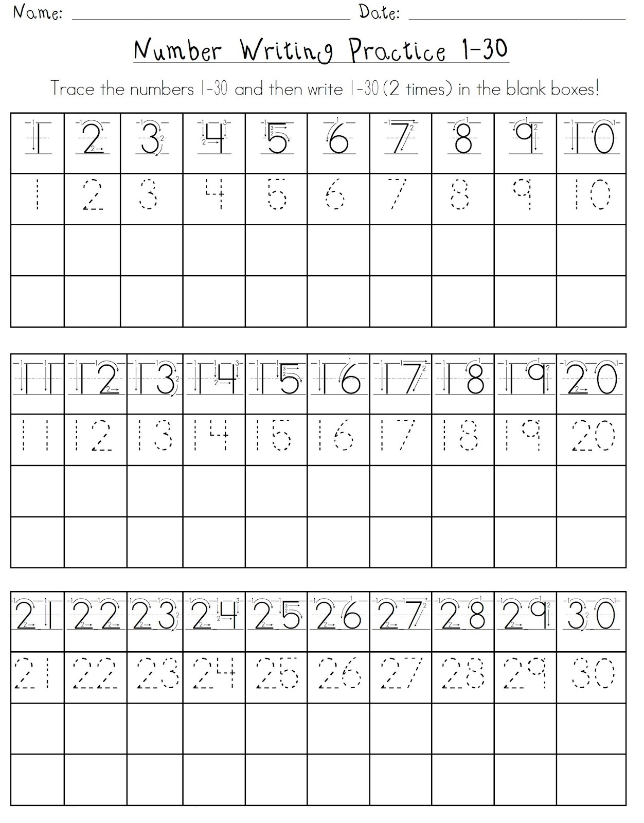 number practice sheets 1-30