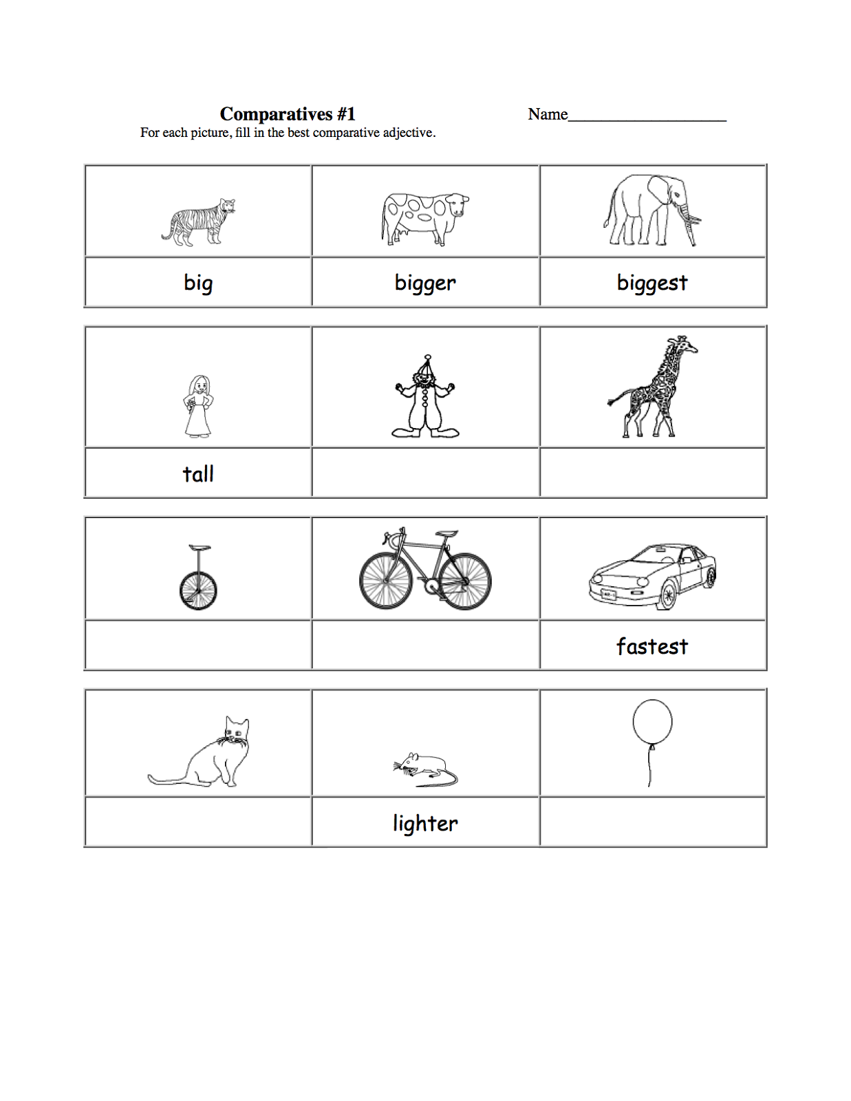 worksheets for 5 year olds comparison