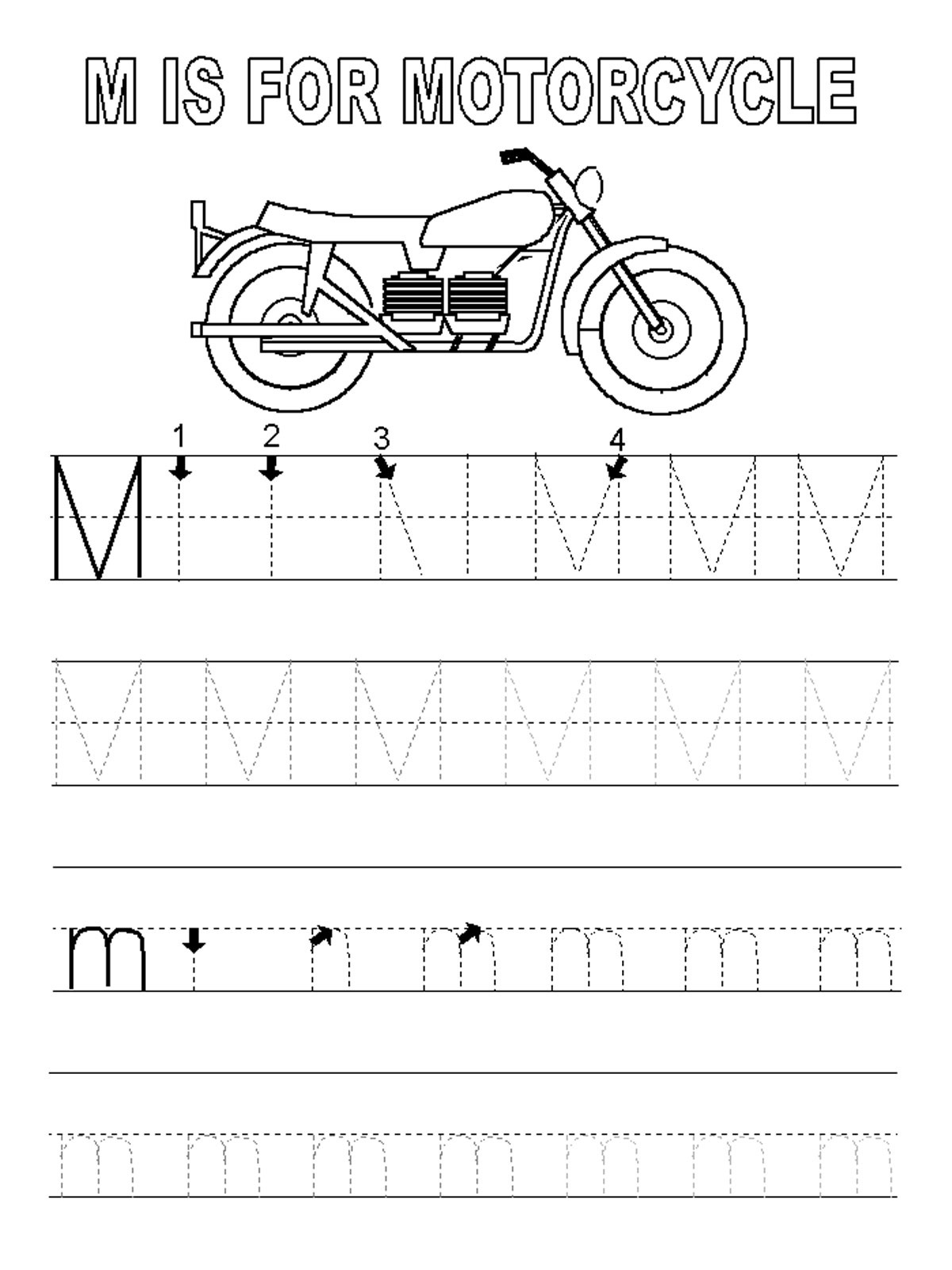 letter m worksheets motorcycle