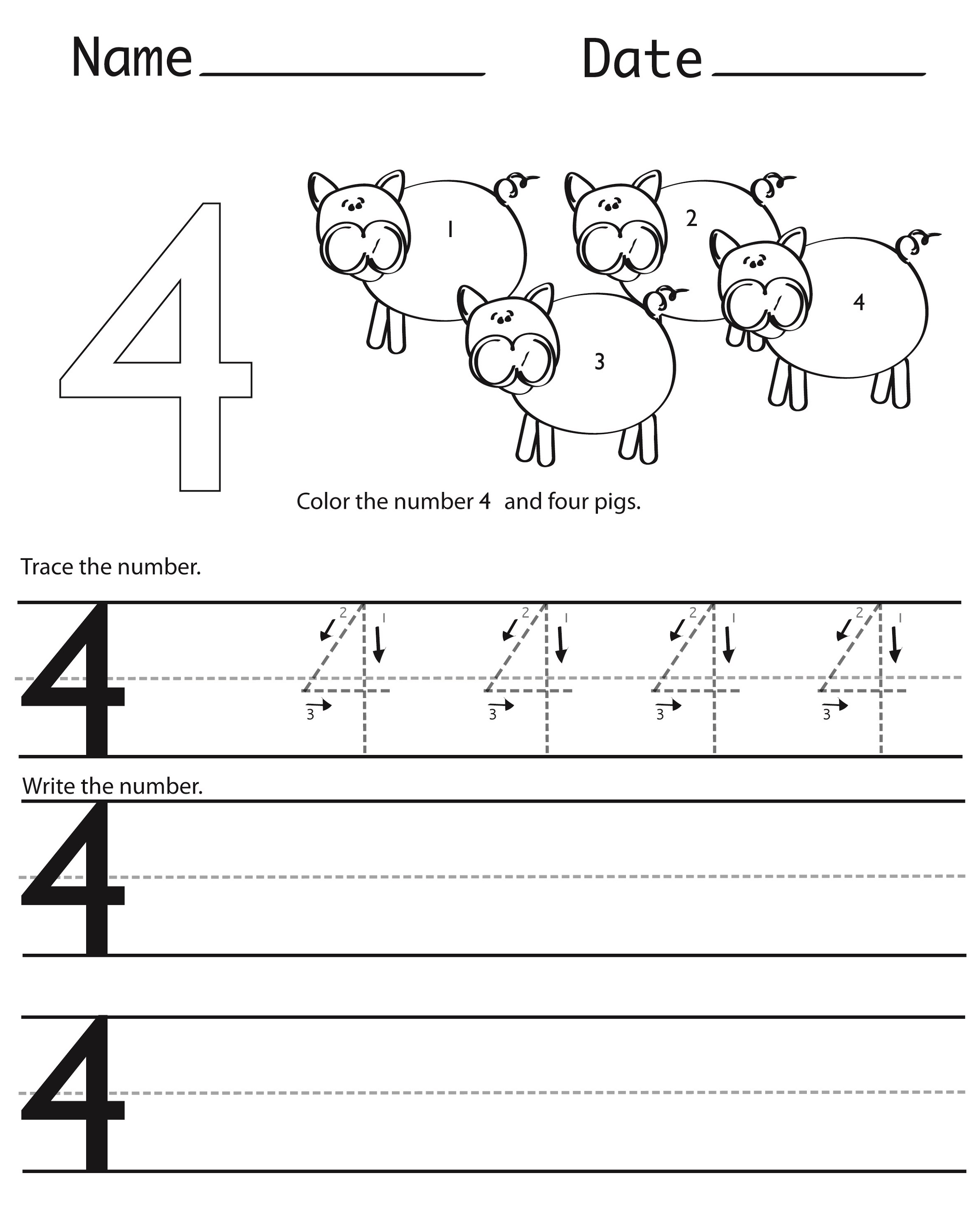 number 4 worksheet for kids