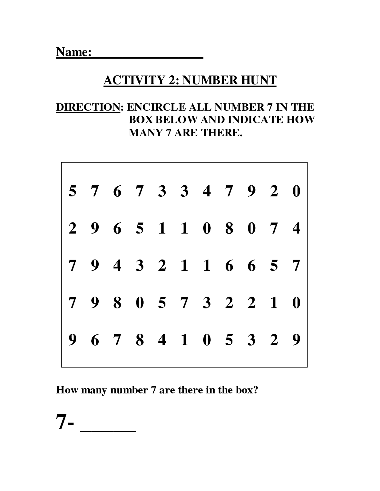 number 7 worksheet activity