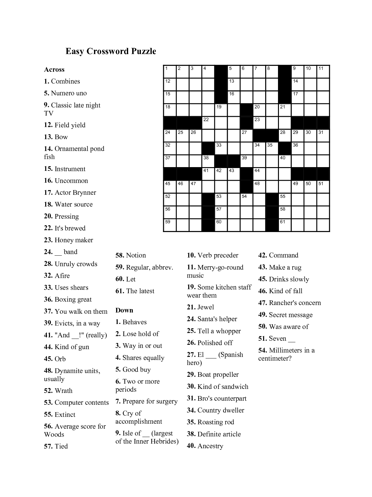 Easy Printable Crossword Puzzles For Seniors Easy Crossword Puzzle