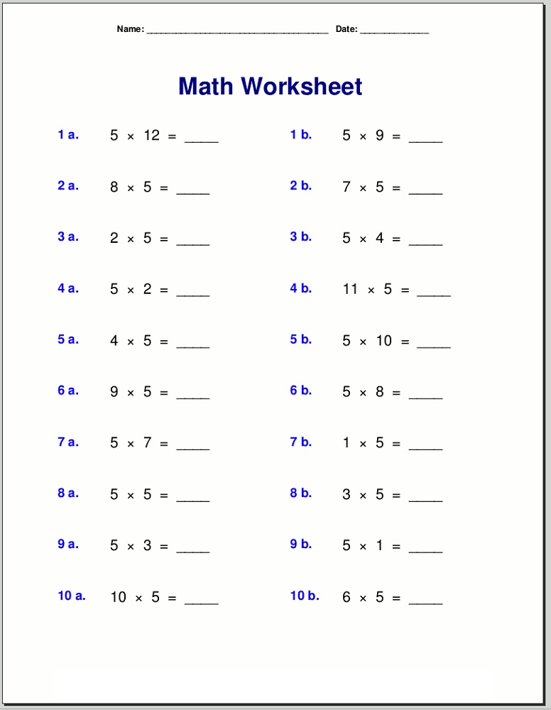 5 times table worksheet multiplication