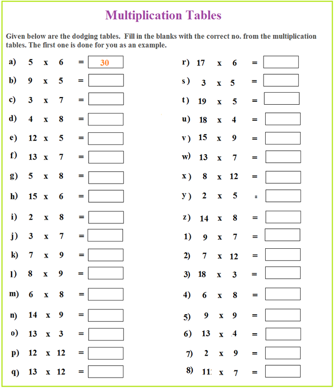 Free Printable Times Table Quiz